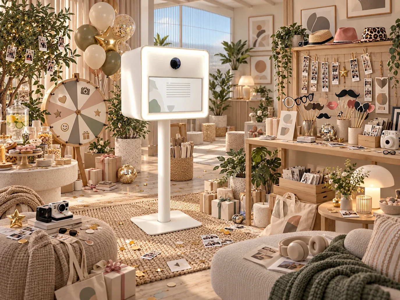 Event-Lounge mit Fotobox, Glücksrad, Requisiten, Kameras und Geschenken
